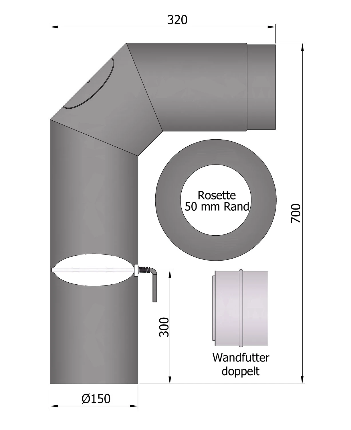 Rauchrohr Set Stahl 2x 45° 700 X 300 Mm Ø 150 Mm Hellgrau, Kurz 4 Rauchrohr Set Stahl 2x 45° 700 X 300 Mm Ø 150 Mm Hellgrau, Kurz – Bild 2