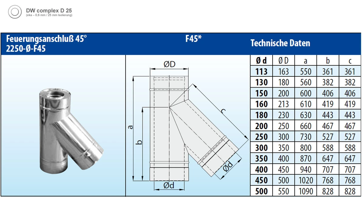 Feuerungsanschluss 45° Edelstahl Doppelwandig - Eka Complex D 25 4 Feuerungsanschluss 45° Edelstahl Doppelwandig - Eka Complex D 25 – Bild 2