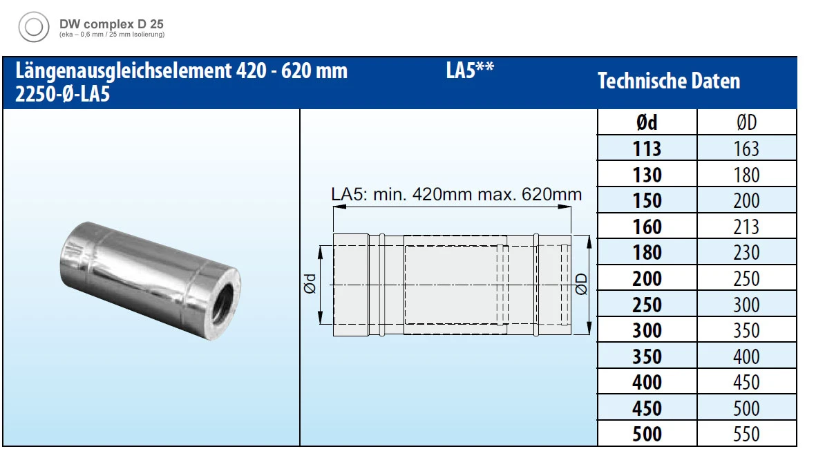 Längenausgleichsrohr 420-620 Mm Doppelwandig - Eka Complex D 25 4 Längenausgleichsrohr 420-620 Mm Doppelwandig - Eka Complex D 25 – Bild 2